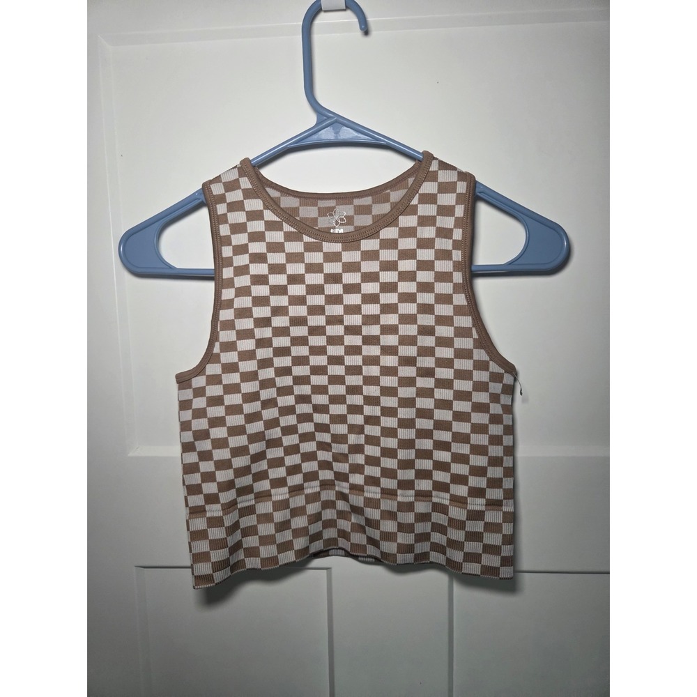 Aura Tank Top Brown Checker Ribbed Crop M Retro Boho Streetwear Y2K Aesthetic